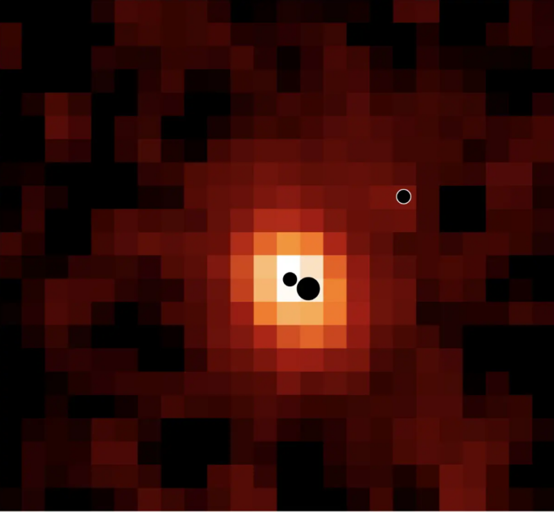 3 black dots, 2 close together by a white square, with lighter colors moving into red at the outskirts.