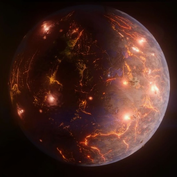 Artist's concept of a round orange-colored world with bright spots - volcanic eruptions - on its surface.