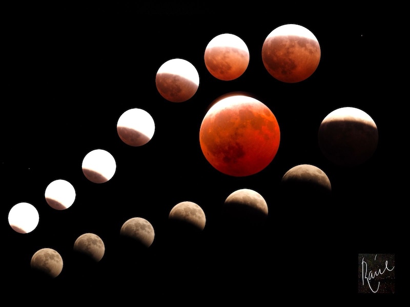 Several photos of the moon from barely eclipsed through almost fully red-orange.