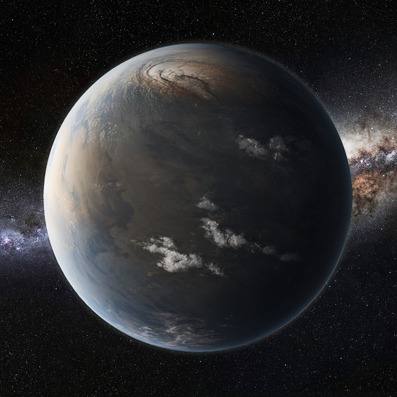Giant mega-Earth: Large, rocky planet similar to Earth with the Milky Way in the background.