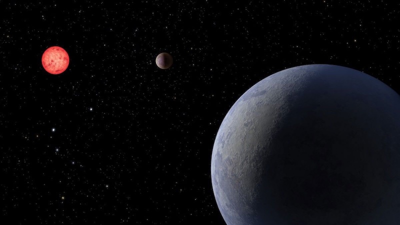 Super-Earths might be solid: Bluish planet with its reddish star nearby and another planet about halfway between them.