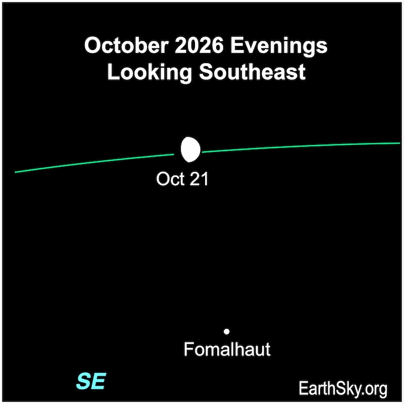 A fat hemisphere, the moon, lies far above a dot, the star Fomalhaut.