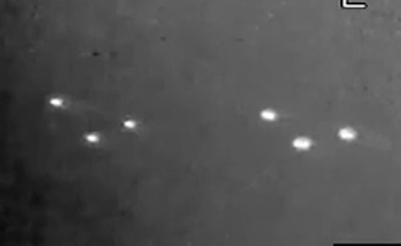 Pentagon UAP files: 6 bright white dots, in 2 pairs of 3, forming 2 triangles.