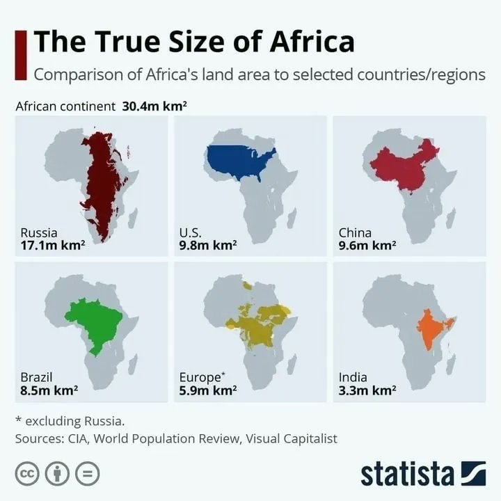 6 images of Africa with other areas imposed on top, including the US, Russia, China and more.