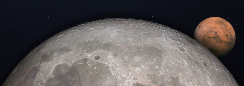 Closeup of top half of moon with Mars in the background.