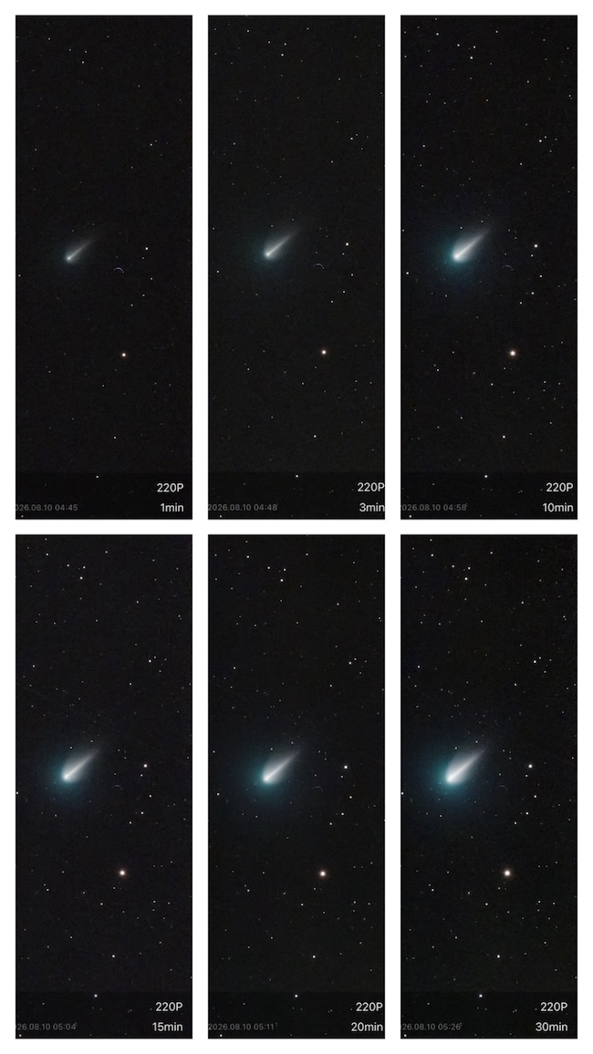 Panel of six images showing Comet McNaught taken with longer and longer exposures.