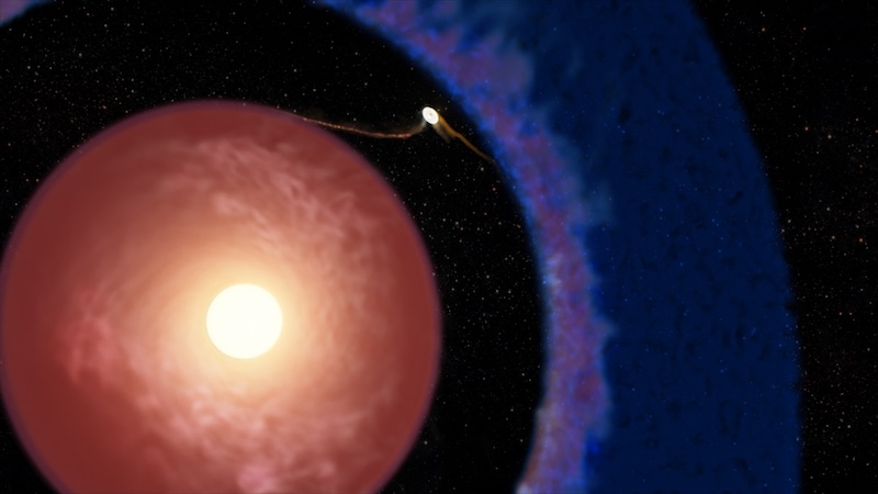 Baby exoplanet: White sphere with wide red and narrow blue rings around it. A small white oval between the 2 rings.