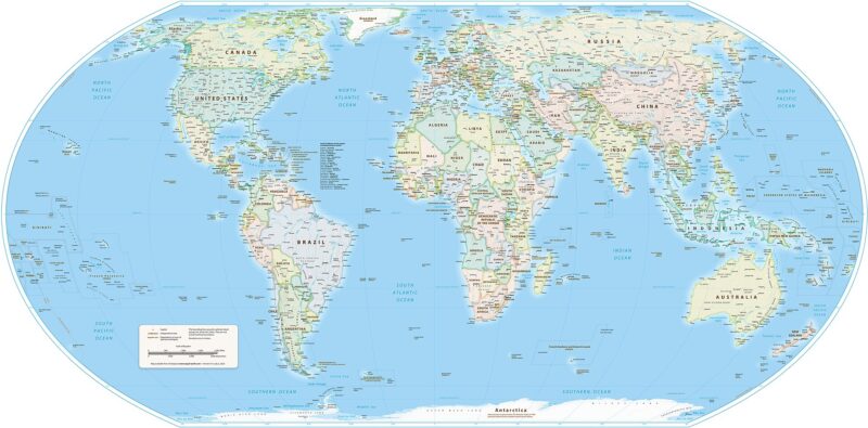 Equal earth projection: Oval shaped world map with all countries labeled.