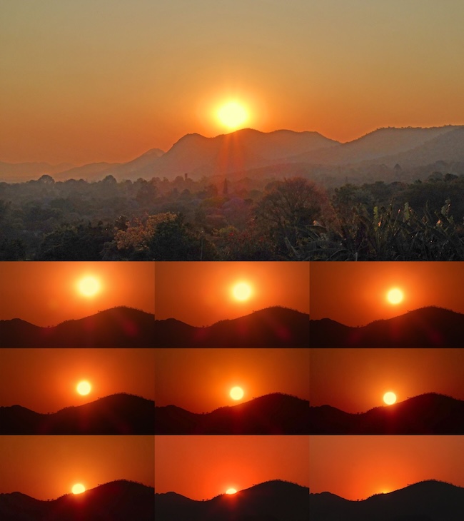 13 images in orange shades of sunrises and sunsets, the sun in various positions relative to the horizon.