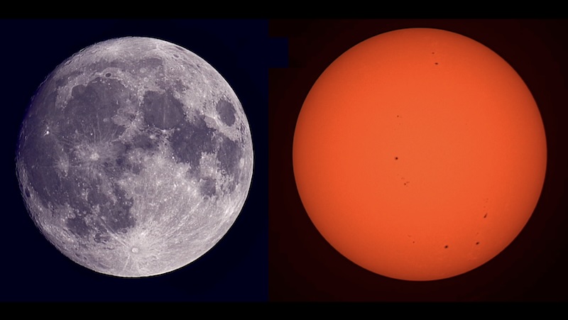 Smart scopes: Two combined photos, one of the full moon and one of the sun taken with a solar filter showing sunspots.