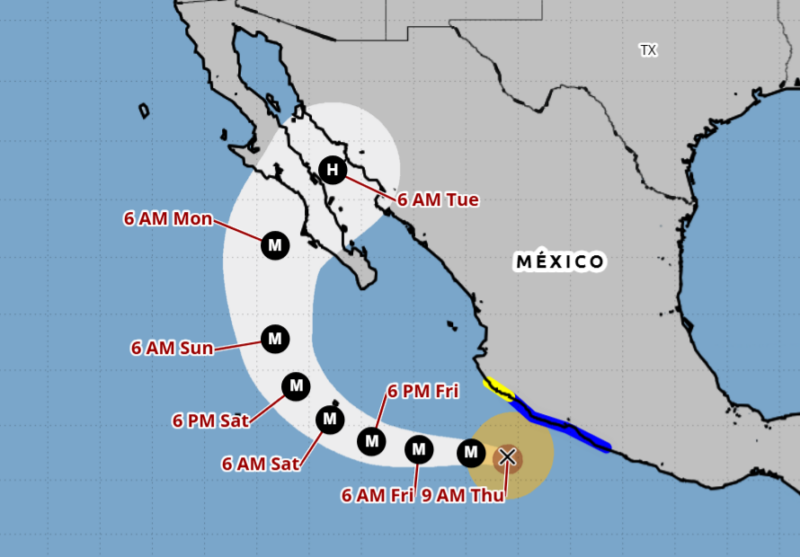 Map showing Mexico and edge of US with big arc of hurricane coming back to shore.