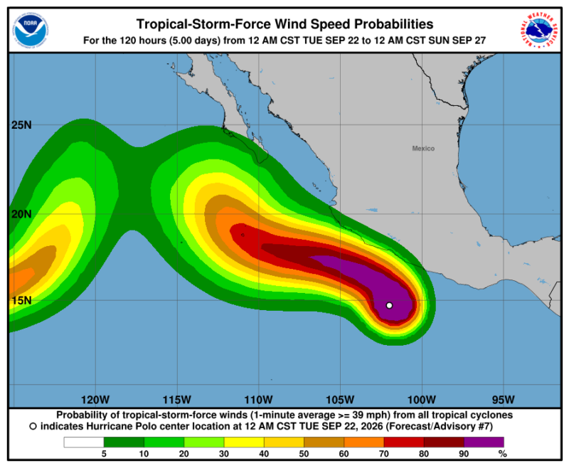 Map of Mexico showing rainbow-hued cone extending in the ocean toward the northwest, meeting another cone coming in from the west.