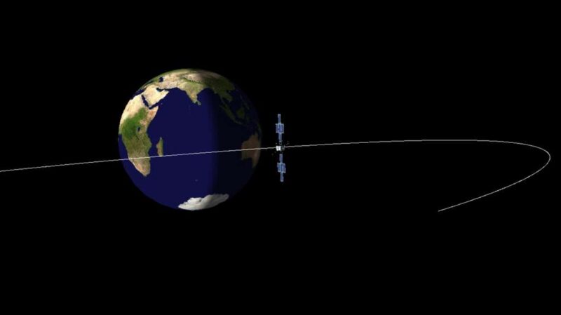 Illustration showing the JUICE spacecraft flying past Earth.