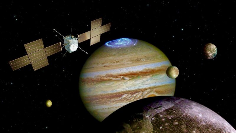 Giant banded planet Jupiter, with moons nearby, and a spacecraft flying near.