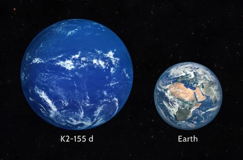 Blue planet with white clouds next to a smaller blue and brown planet with white clouds.