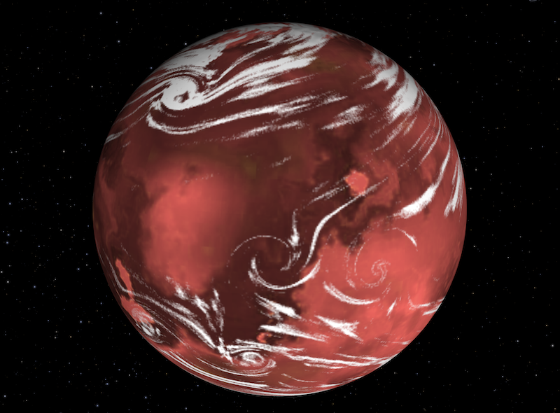 Alien radio signal: Reddish planet with darker regions and long, thin white clouds.