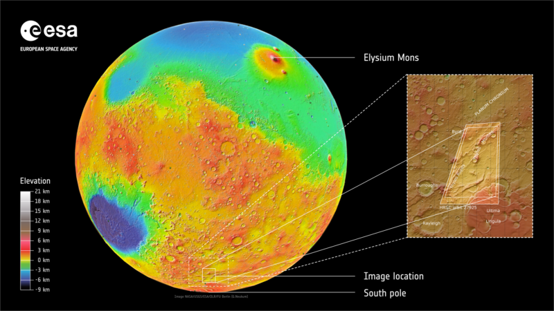 Globe map of Mars showing cratered terrain at bottom with an inset showing location of the image above.