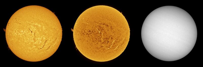 The sun, seen as three spheres in different bright colors.