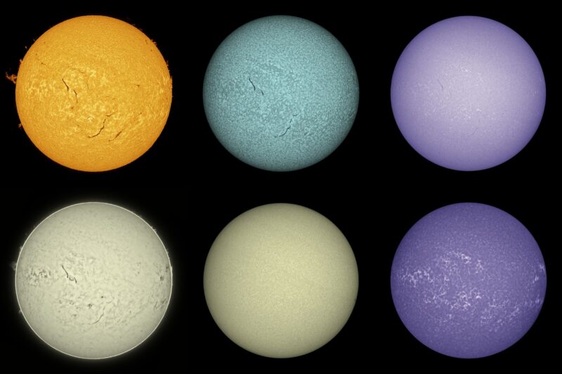 The sun, seen as six spheres in different bright colors.