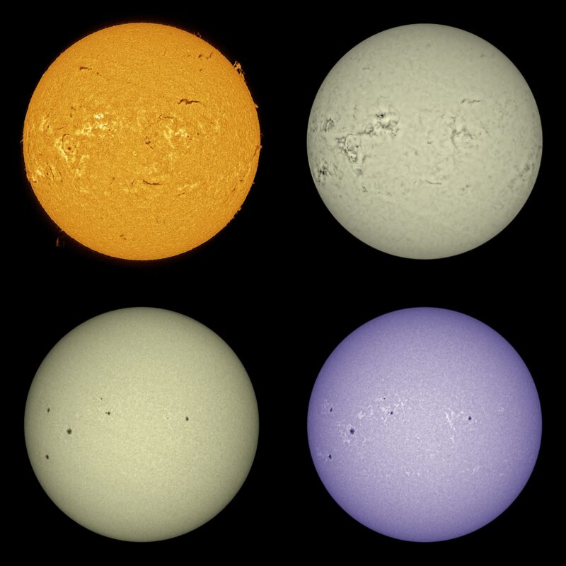 The sun, seen as four spheres in different bright colors.