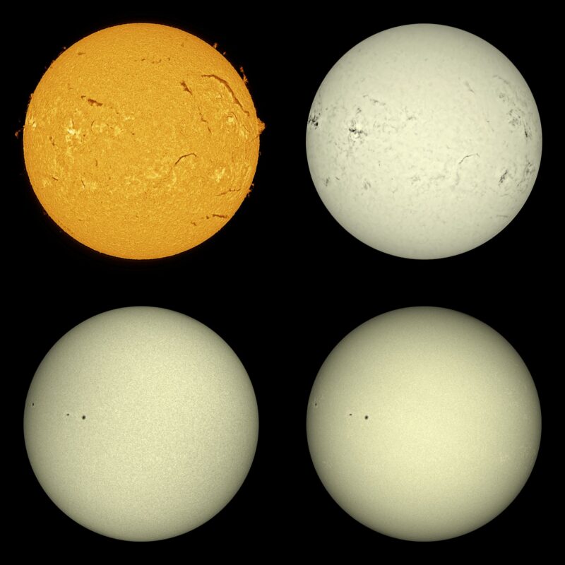The sun, seen as four spheres in different bright colors.