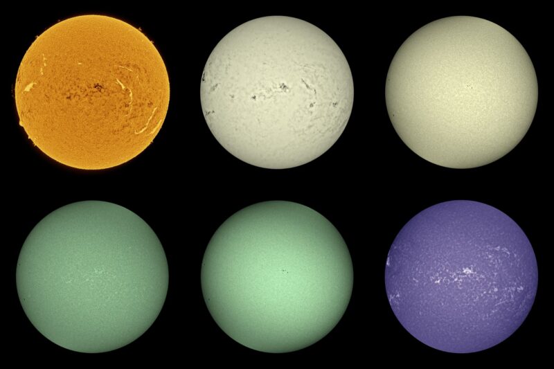 The sun, seen as six spheres in different bright colors.