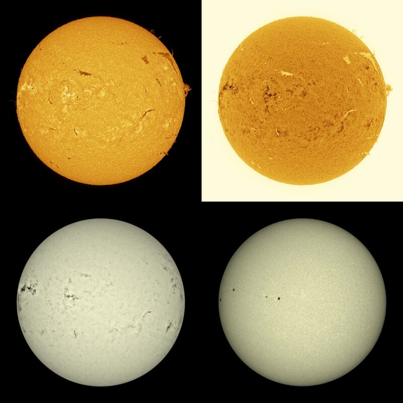 The sun, seen as four spheres in different bright colors.