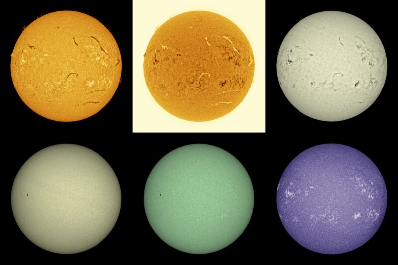 The sun, seen as six spheres in different bright colors.
