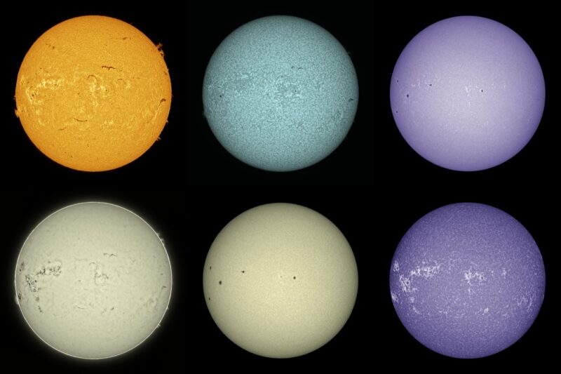 The sun, seen as six spheres in different bright colors.