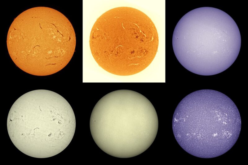The sun, seen as six spheres in different bright colors.