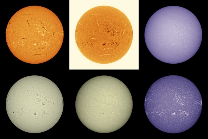The sun, seen as six spheres in different bright colors.
