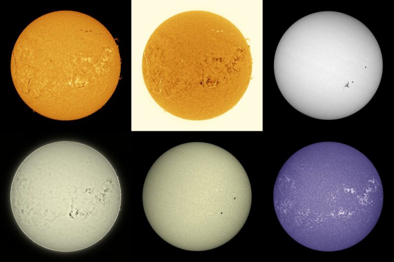 The sun, seen as six spheres in different bright colors.