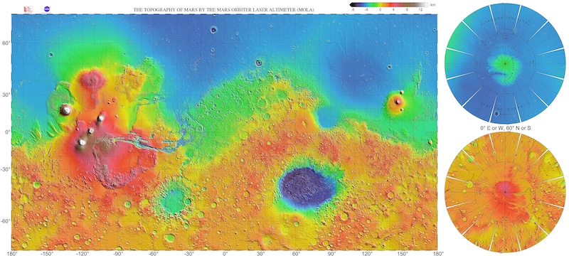 Map of a rocky planet, with most of the northern part in blue and the lower part in red, yellow and green.