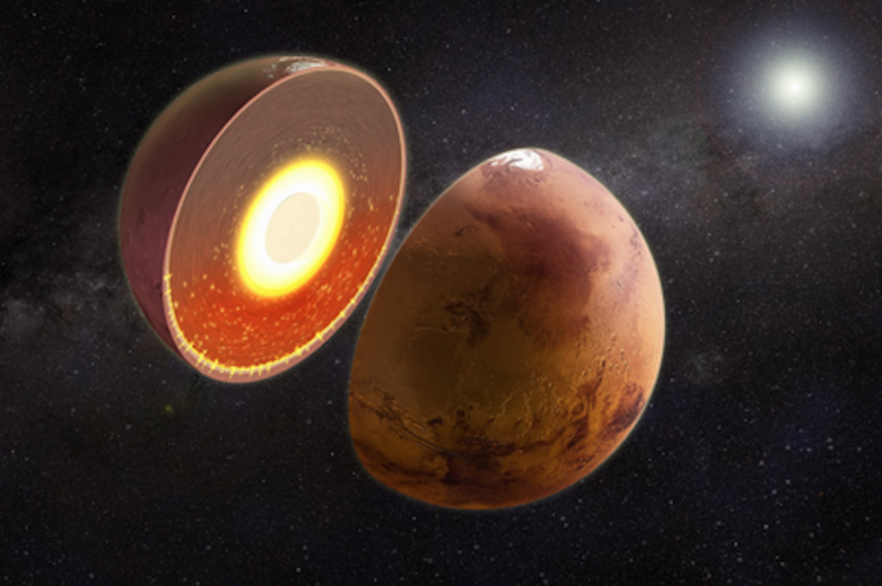 Mars' southern hemisphere: A reddish rocky planet split in half. The interior of one half has a bright whitish center and a speckled mantle.