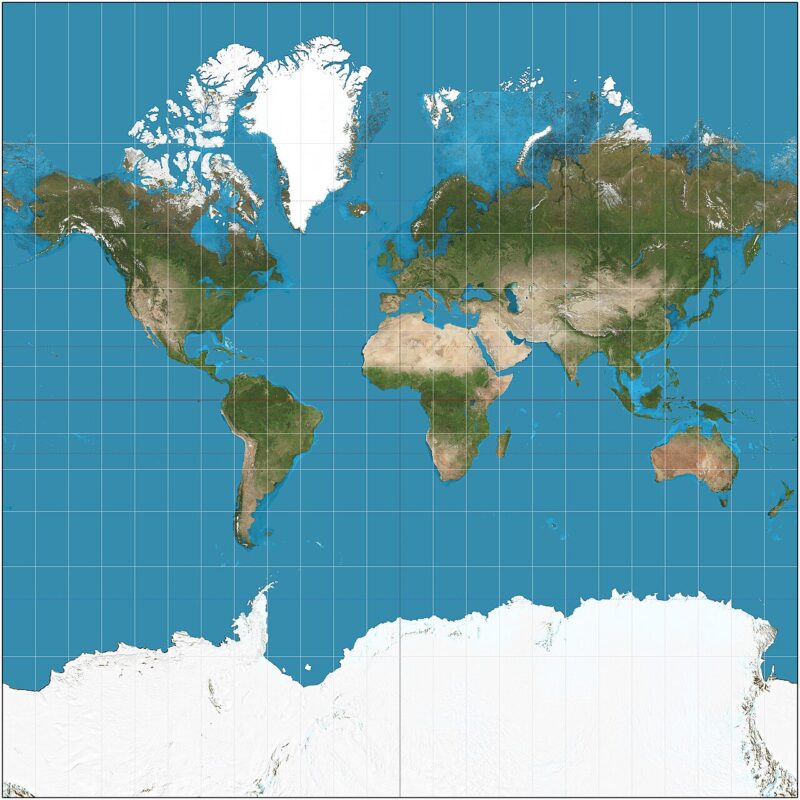 Flat map of Earth showing very large areas near the poles and shrunken areas near the equator.