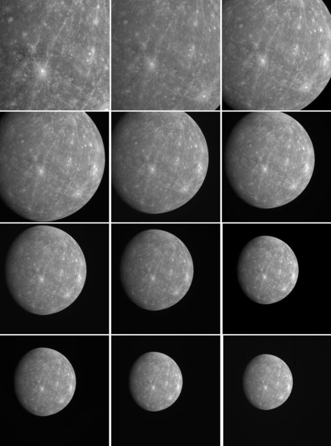 12 windows showing a view of Mercury up close and then getting farther away.