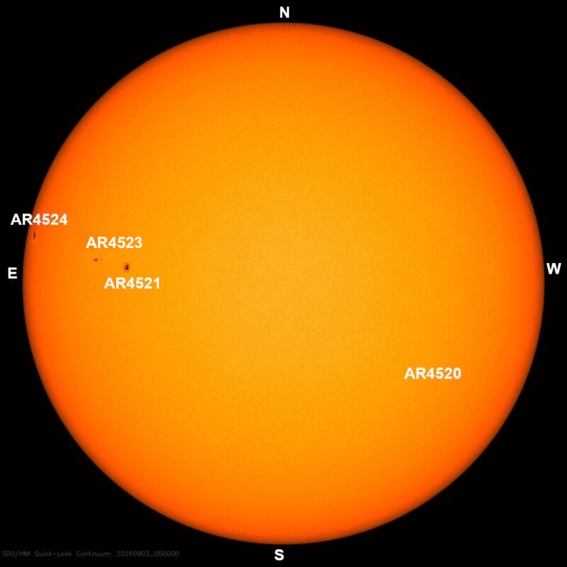 The sun, seen as a large yellow sphere with dark spots, each labeled.