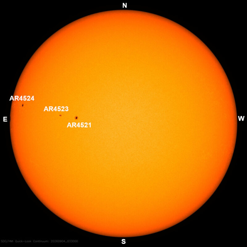 The sun, seen as a large yellow sphere with dark spots, each labeled.