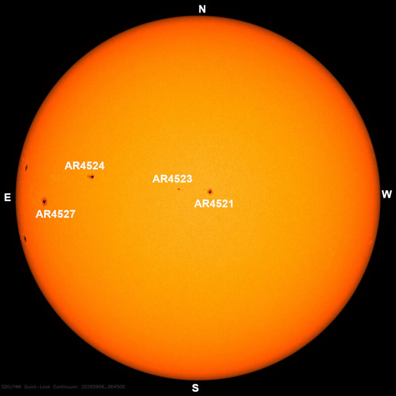 The sun, seen as a large yellow sphere with dark spots, each labeled.
