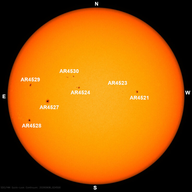 The sun, seen as a large yellow sphere with dark spots, each labeled.