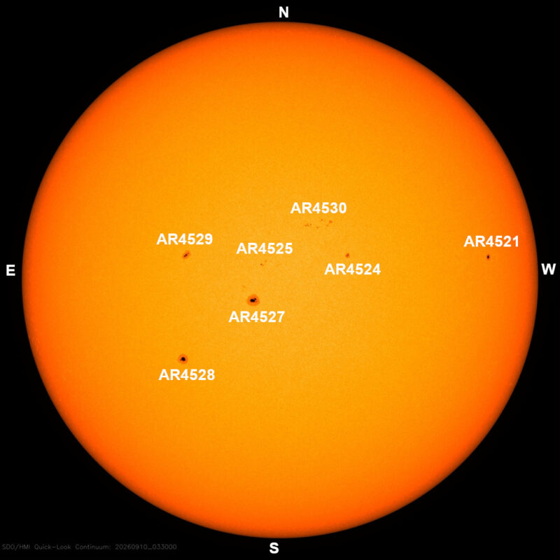 The sun, seen as a large yellow sphere with dark spots, each labeled.