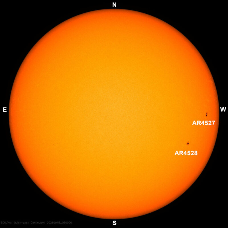 The sun, seen as a large yellow sphere with dark spots, each labeled.