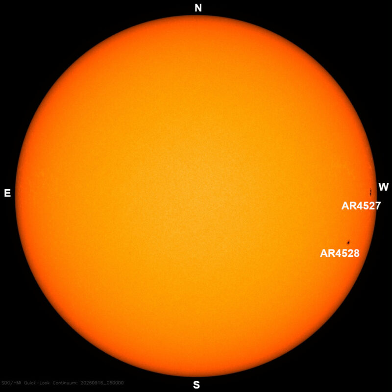 The sun, seen as a large yellow sphere with dark spots, each labeled.