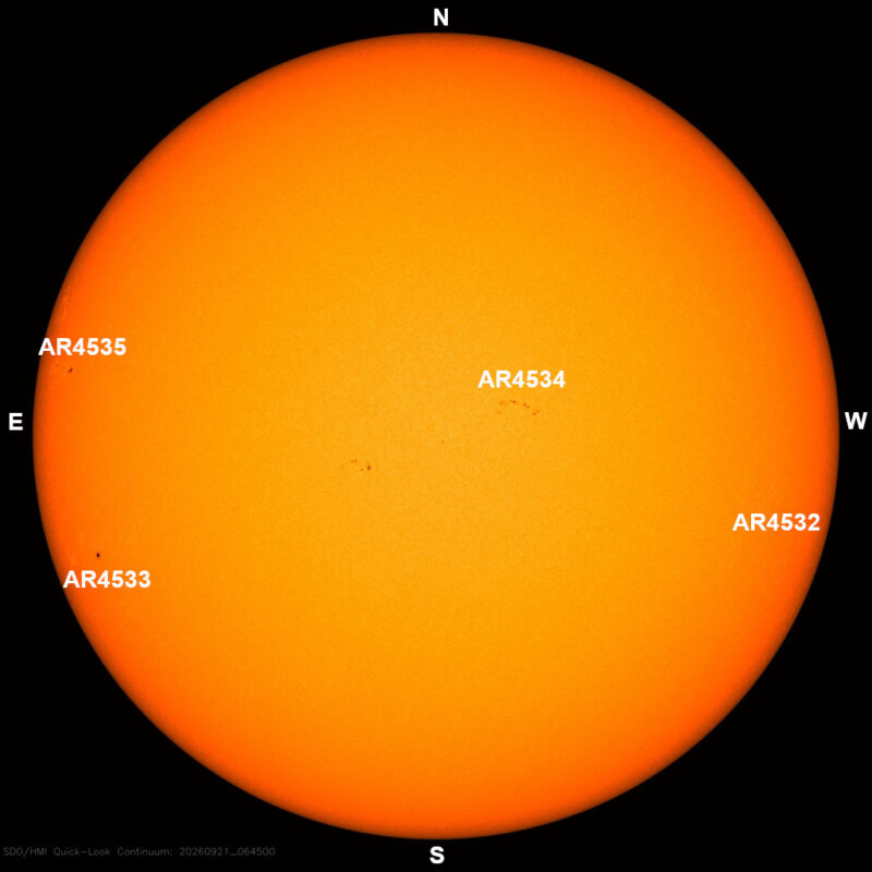 The sun, seen as a large yellow sphere with dark spots, each labeled.