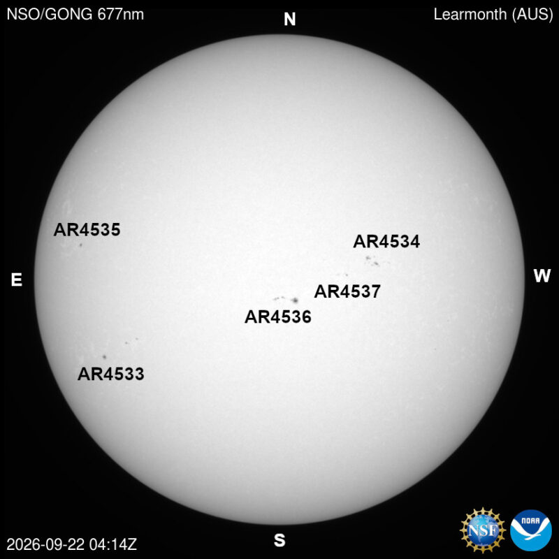 The sun, seen as a large white sphere with dark spots, each labeled.