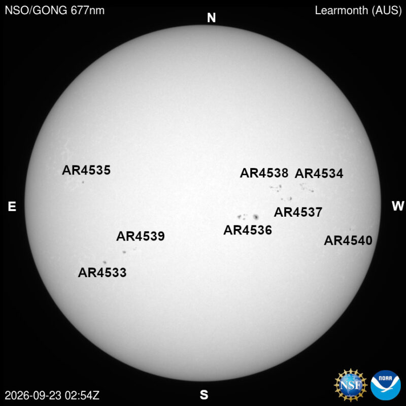 The sun, seen as a large white sphere with dark spots, each labeled.