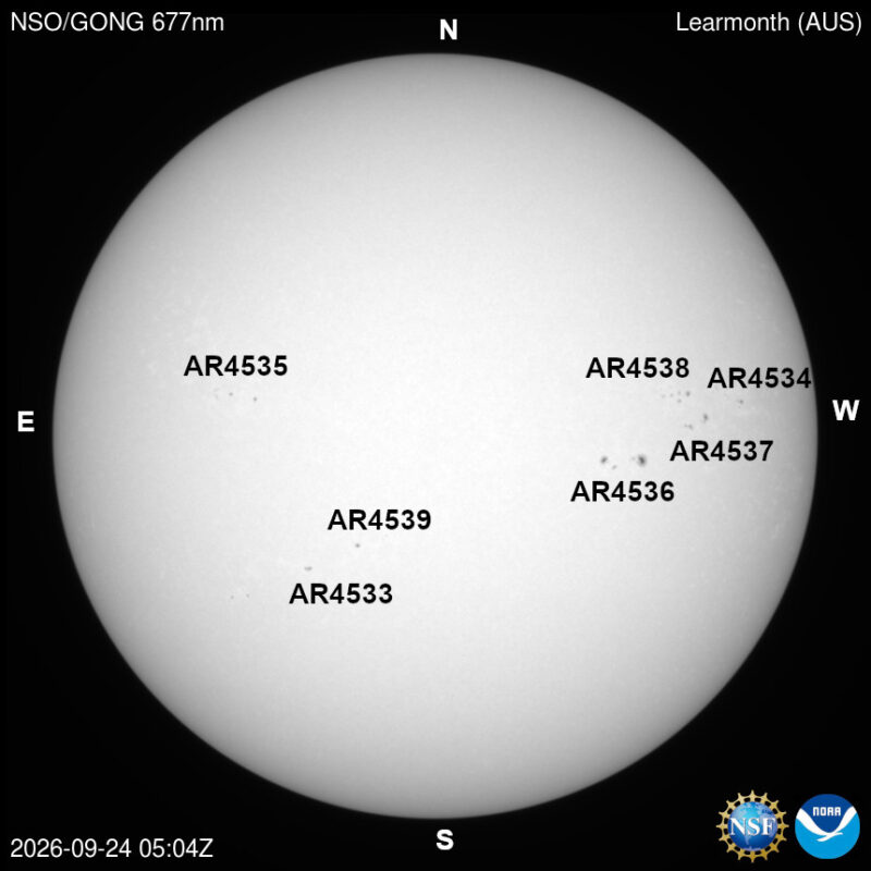 The sun, seen as a large white sphere with dark spots, each labeled.