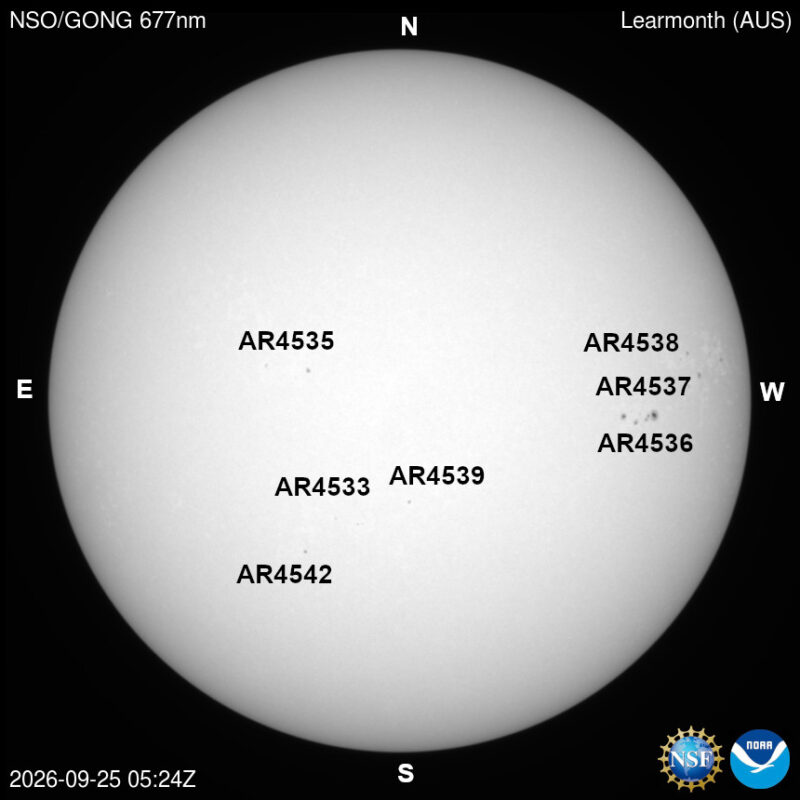 The sun, seen as a large white sphere with dark spots, each labeled.