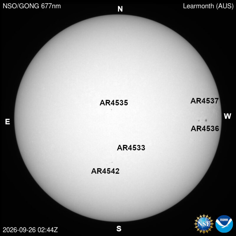 The sun, seen as a large white sphere with dark spots, each labeled.