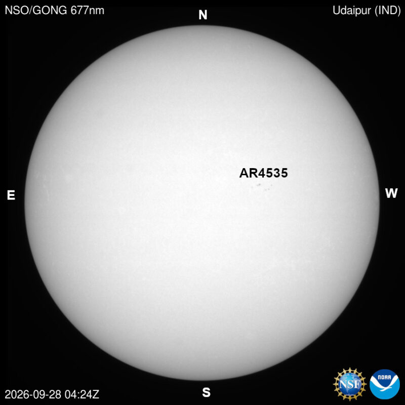 The sun, seen as a large white sphere with dark spots, each labeled.